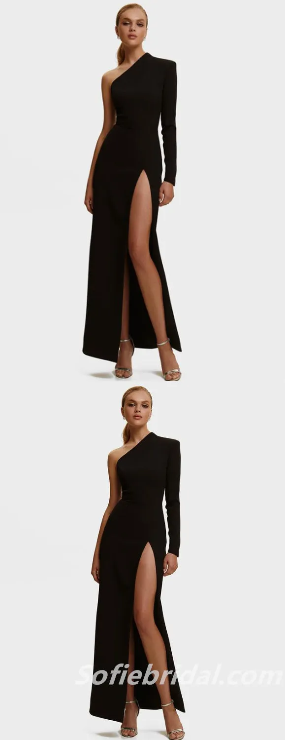 Elegant Black Satin One Sleeve Side Slit Sheath Floor Length Prom Dresses,SFPD0301