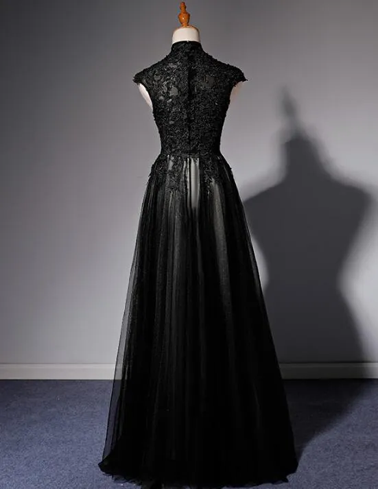 Elegant High Neckline Black Evening Dress, Tulle with Lace Applique Prom Dress