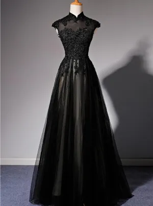 Elegant High Neckline Black Evening Dress, Tulle with Lace Applique Prom Dress
