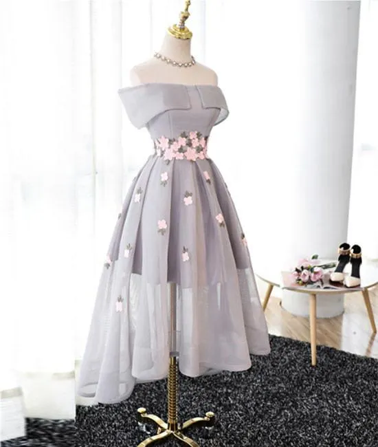 Elegant Off Shoulder High Low Prom/Homecoming Dress with Lace Applique