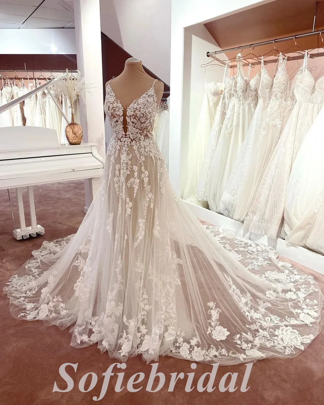 Elegant Spaghetti Straps V-Neck Sleeveless Backless A-Line Long Wedding Dresses,SFWD0075