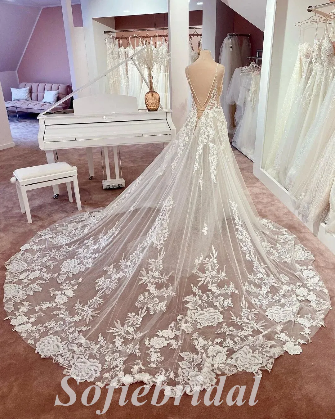 Elegant Spaghetti Straps V-Neck Sleeveless Backless A-Line Long Wedding Dresses,SFWD0075