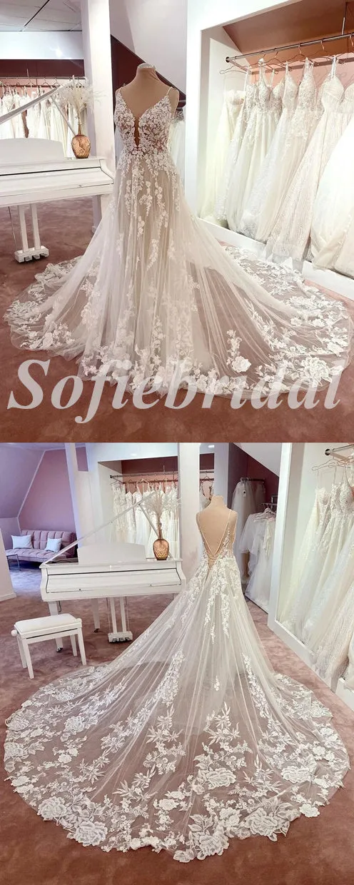 Elegant Spaghetti Straps V-Neck Sleeveless Backless A-Line Long Wedding Dresses,SFWD0075