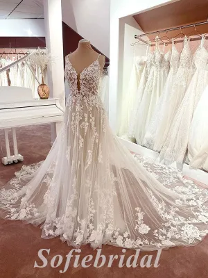 Elegant Spaghetti Straps V-Neck Sleeveless Backless A-Line Long Wedding Dresses,SFWD0075