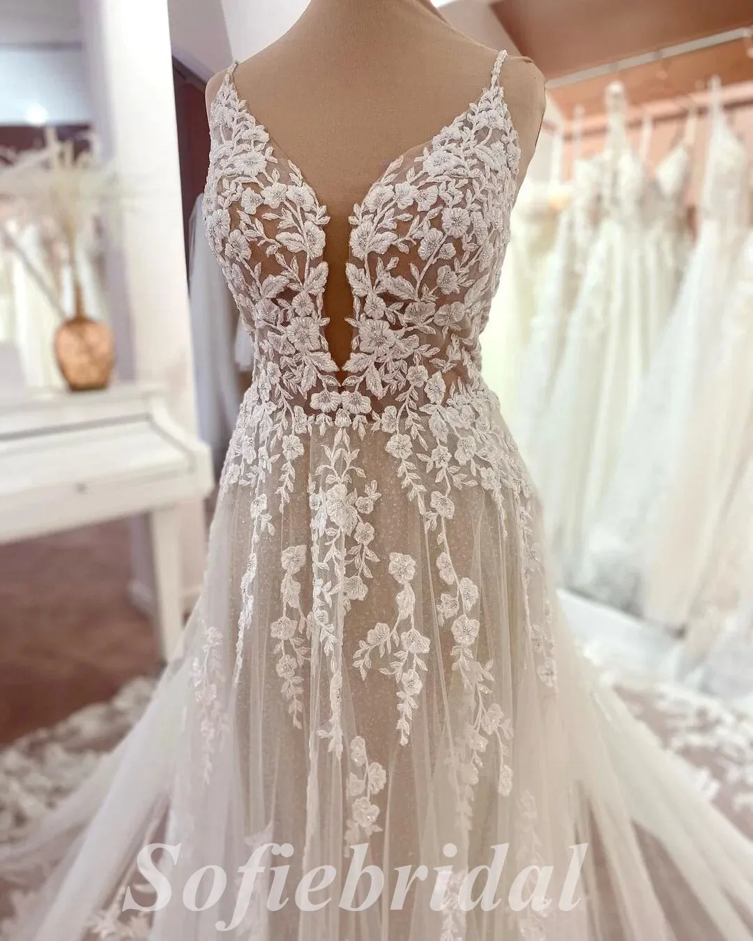 Elegant Spaghetti Straps V-Neck Sleeveless Backless A-Line Long Wedding Dresses,SFWD0075
