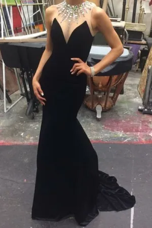 Fashion Mermaid Jewel Sleeveless Black Long Mermaid Prom/Evening Dress With Beading