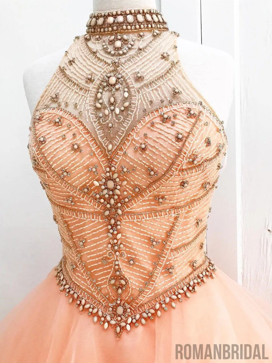 Gorgeous Floor-length A-line High Neck Beading Open back evening dress, long Prom Dresses, PD0506