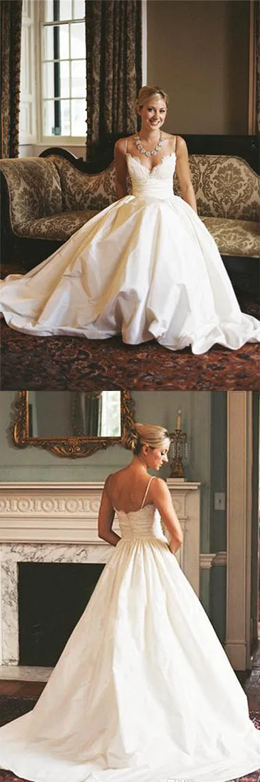 Gorgeous Satin A-line Sleeveless Spaghetti Strap Lace Wedding Dress Bridal Gowns, SW1557