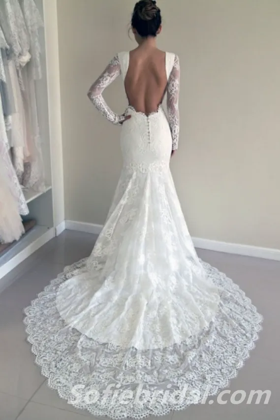 Gorgeous Tulle And Lace Jewel Long Sleeves Open Back Mermaid Long Wedding Dresses,SFWD0063