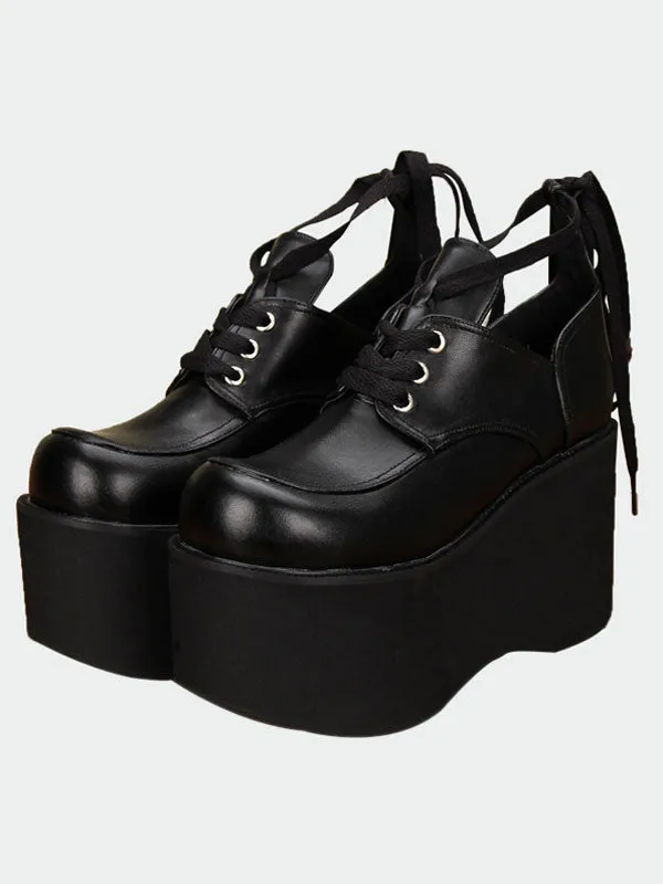 Gothic Matte Black Lolita High Platform Shoes Shoelace Up