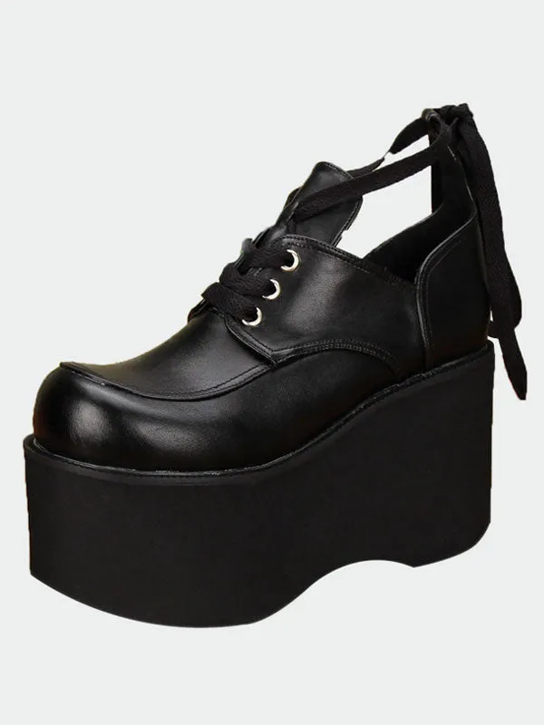 Gothic Matte Black Lolita High Platform Shoes Shoelace Up