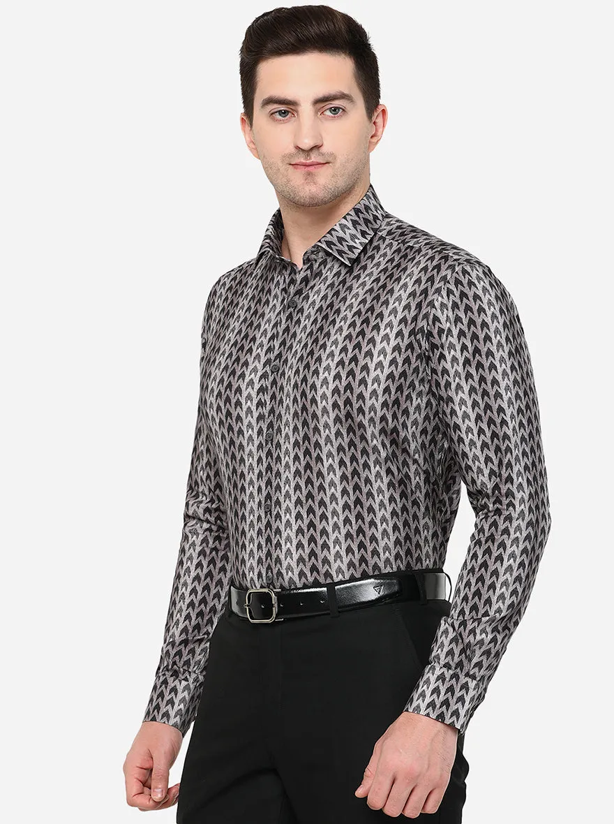 Grey Printed Slim Fit Party Wear Shirt | JB Studio