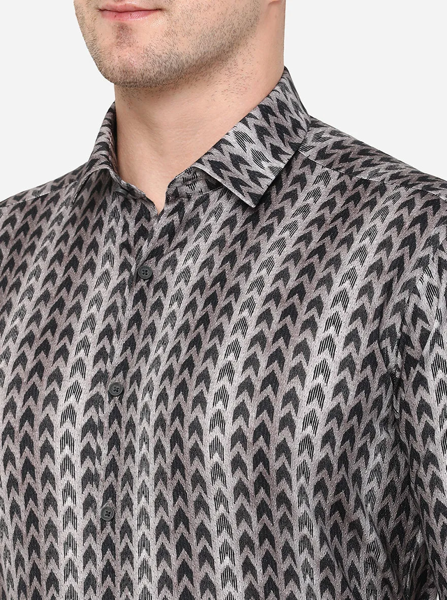 Grey Printed Slim Fit Party Wear Shirt | JB Studio