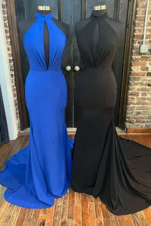 Halter Keyhole Mermaid Long Formal Evening Gown Simple Prom Dresses OK1749