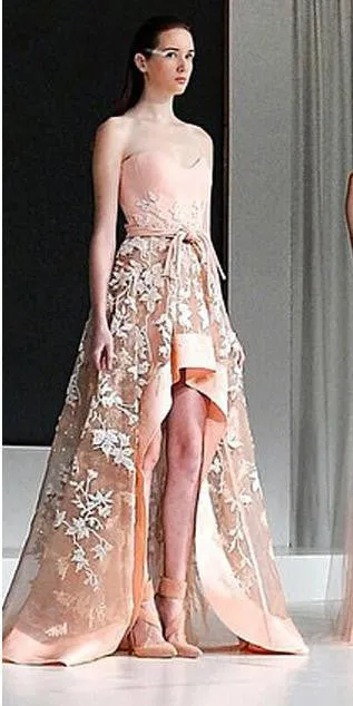 High Low Sweetheart Strapless A Line Lace Prom Dress OKF98