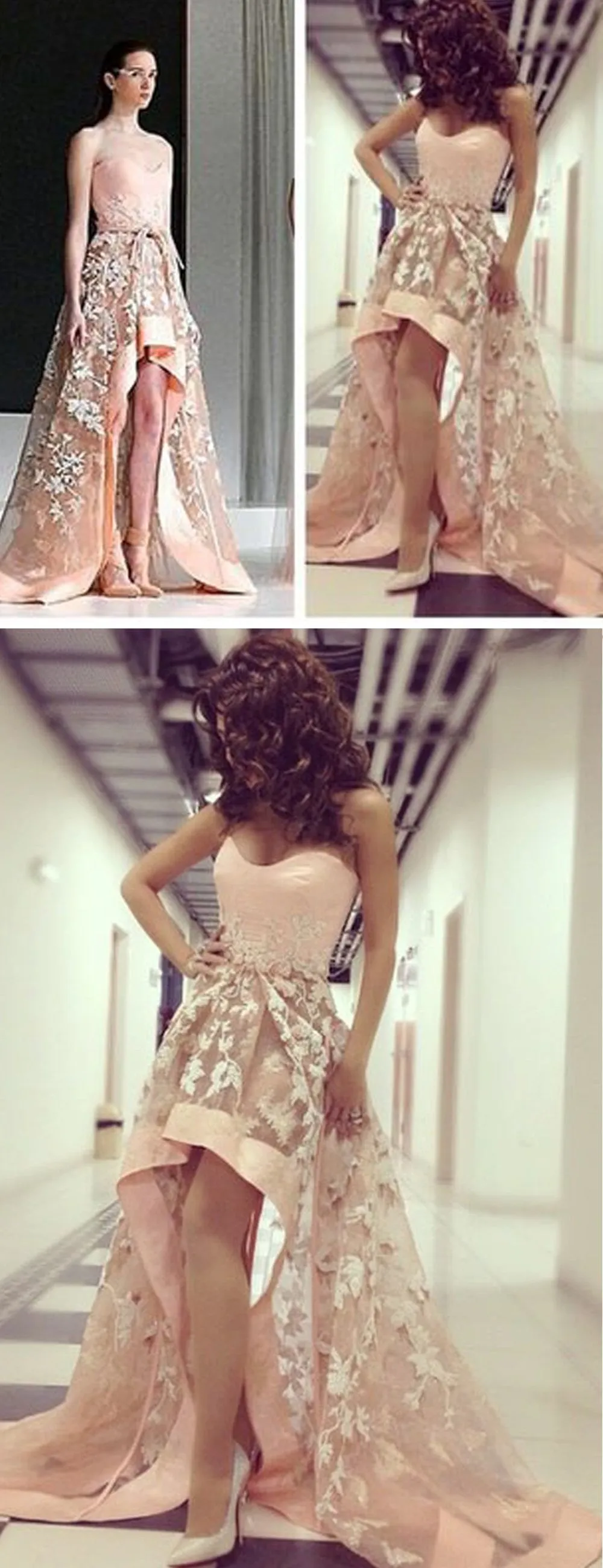 High Low Sweetheart Strapless A Line Lace Prom Dress OKF98