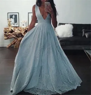 Lace V Neck Dusty Blue Evening Gowns Formal Prom Dress with Straps 2018 Deep V Neck Long Prom Dress