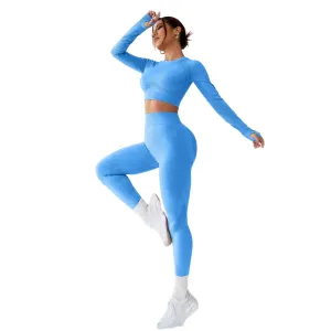 LIGHT DOT Women's Workout Outfits 2 Pieces Yoga Suits Long Sleeve Crop Top High Waist Sport Leggings Active Gym Set (Blue)