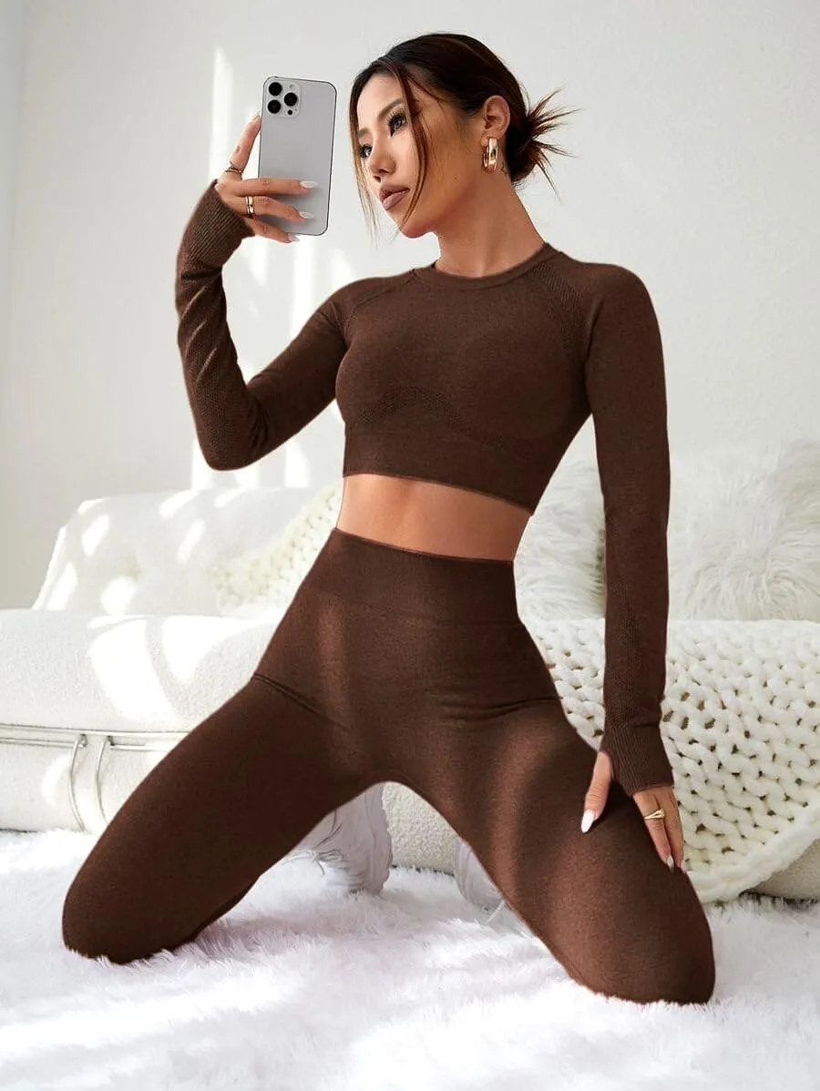 LIGHT DOT Women's Workout Outfits 2 Pieces Yoga Suits Long Sleeve Crop Top High Waist Sport Leggings Active Gym Set (Brown)
