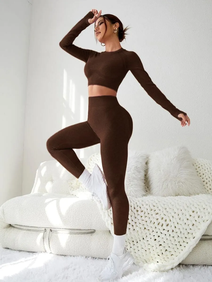 LIGHT DOT Women's Workout Outfits 2 Pieces Yoga Suits Long Sleeve Crop Top High Waist Sport Leggings Active Gym Set (Brown)
