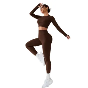 LIGHT DOT Women's Workout Outfits 2 Pieces Yoga Suits Long Sleeve Crop Top High Waist Sport Leggings Active Gym Set (Brown)