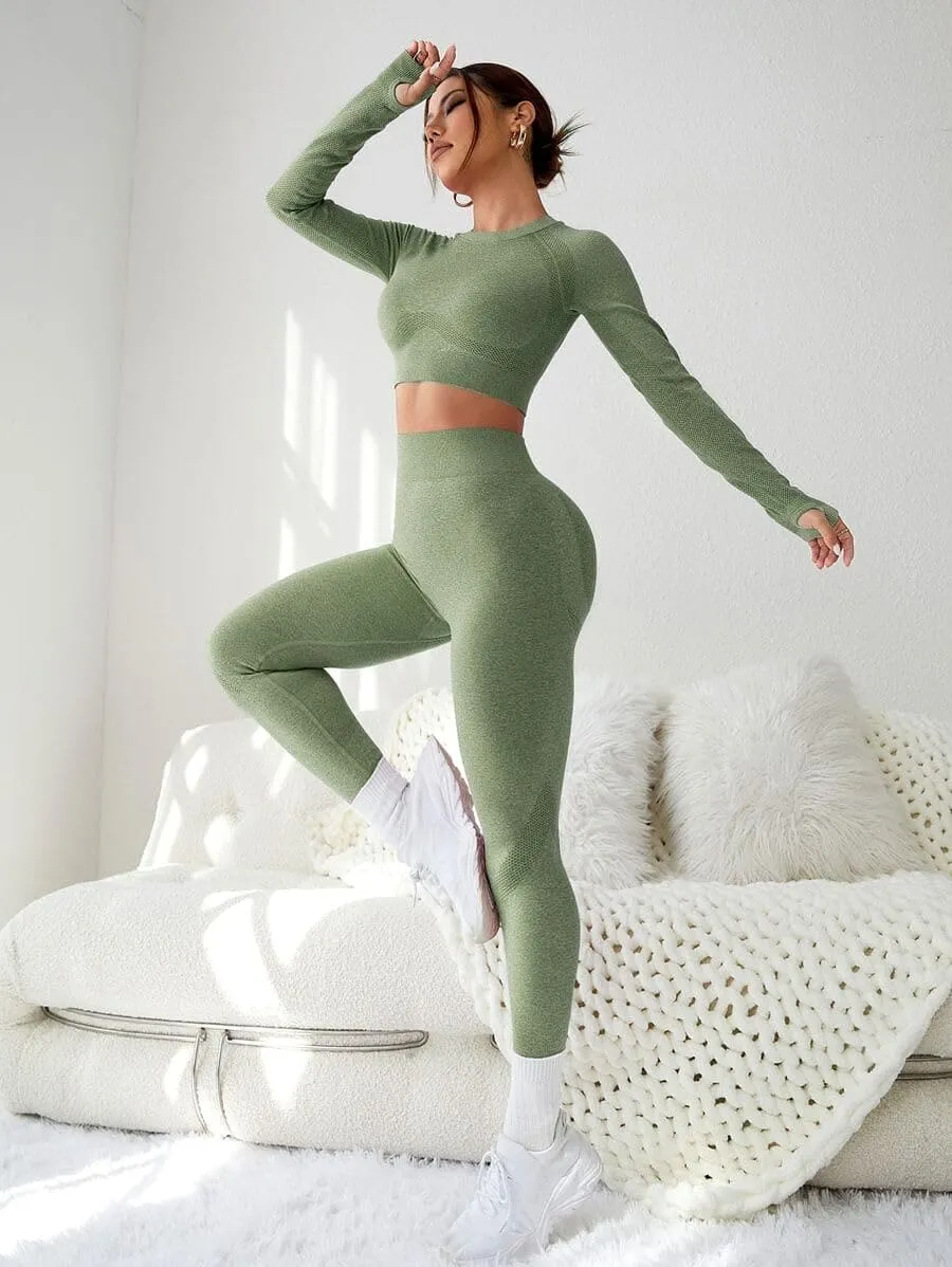 LIGHT DOT Women's Workout Outfits 2 Pieces Yoga Suits Long Sleeve Crop Top High Waist Sport Leggings Active Gym Set (Green)