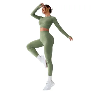 LIGHT DOT Women's Workout Outfits 2 Pieces Yoga Suits Long Sleeve Crop Top High Waist Sport Leggings Active Gym Set (Green)