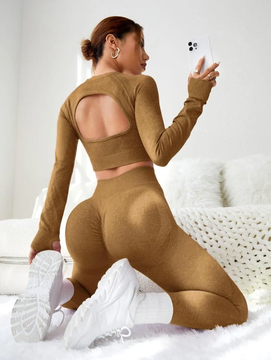 LIGHT DOT Women's Workout Outfits 2 Pieces Yoga Suits Long Sleeve Crop Top High Waist Sport Leggings Active Gym Set (Khaki)