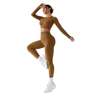 LIGHT DOT Women's Workout Outfits 2 Pieces Yoga Suits Long Sleeve Crop Top High Waist Sport Leggings Active Gym Set (Khaki)