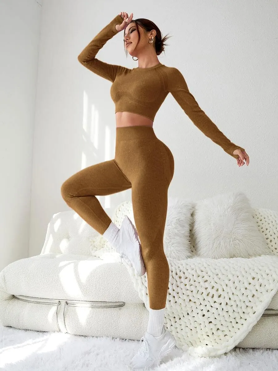 LIGHT DOT Women's Workout Outfits 2 Pieces Yoga Suits Long Sleeve Crop Top High Waist Sport Leggings Active Gym Set (Khaki)