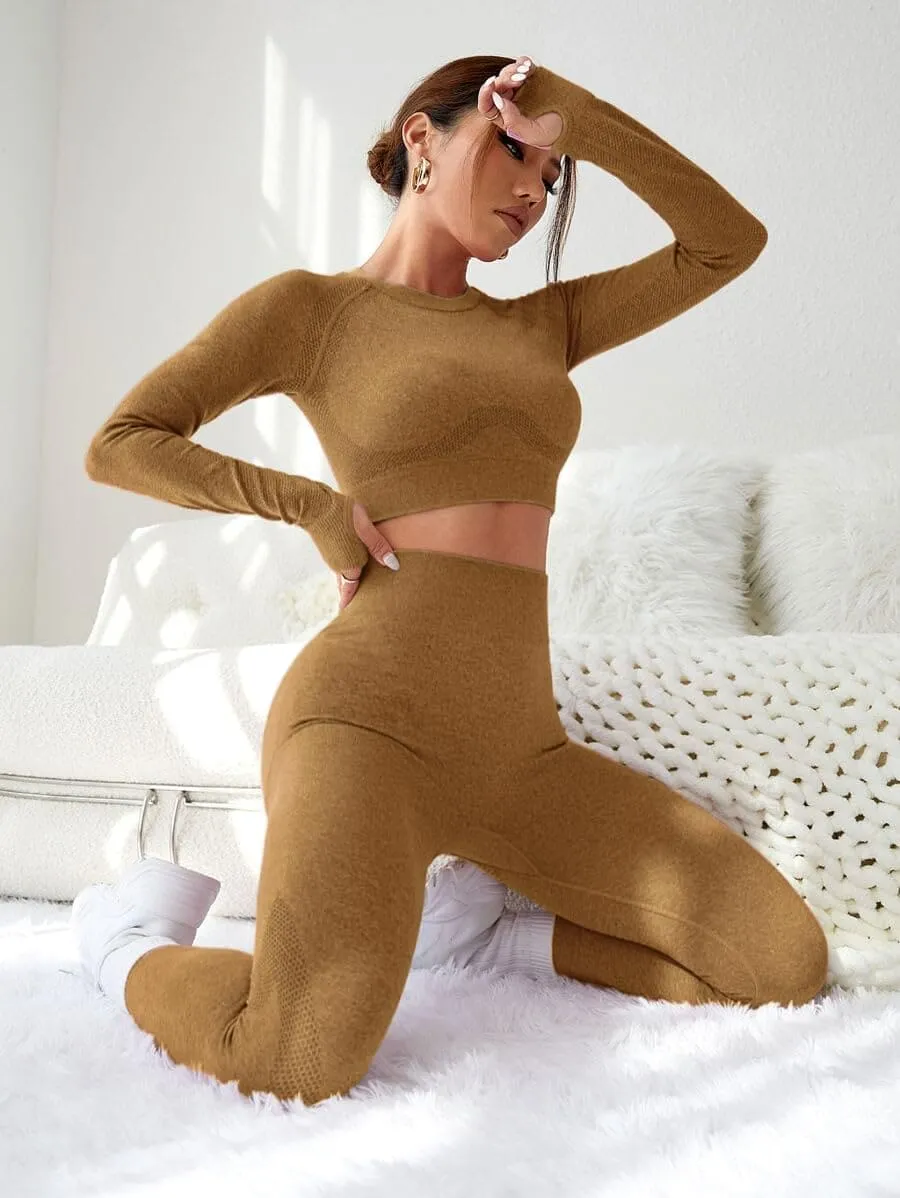 LIGHT DOT Women's Workout Outfits 2 Pieces Yoga Suits Long Sleeve Crop Top High Waist Sport Leggings Active Gym Set (Khaki)