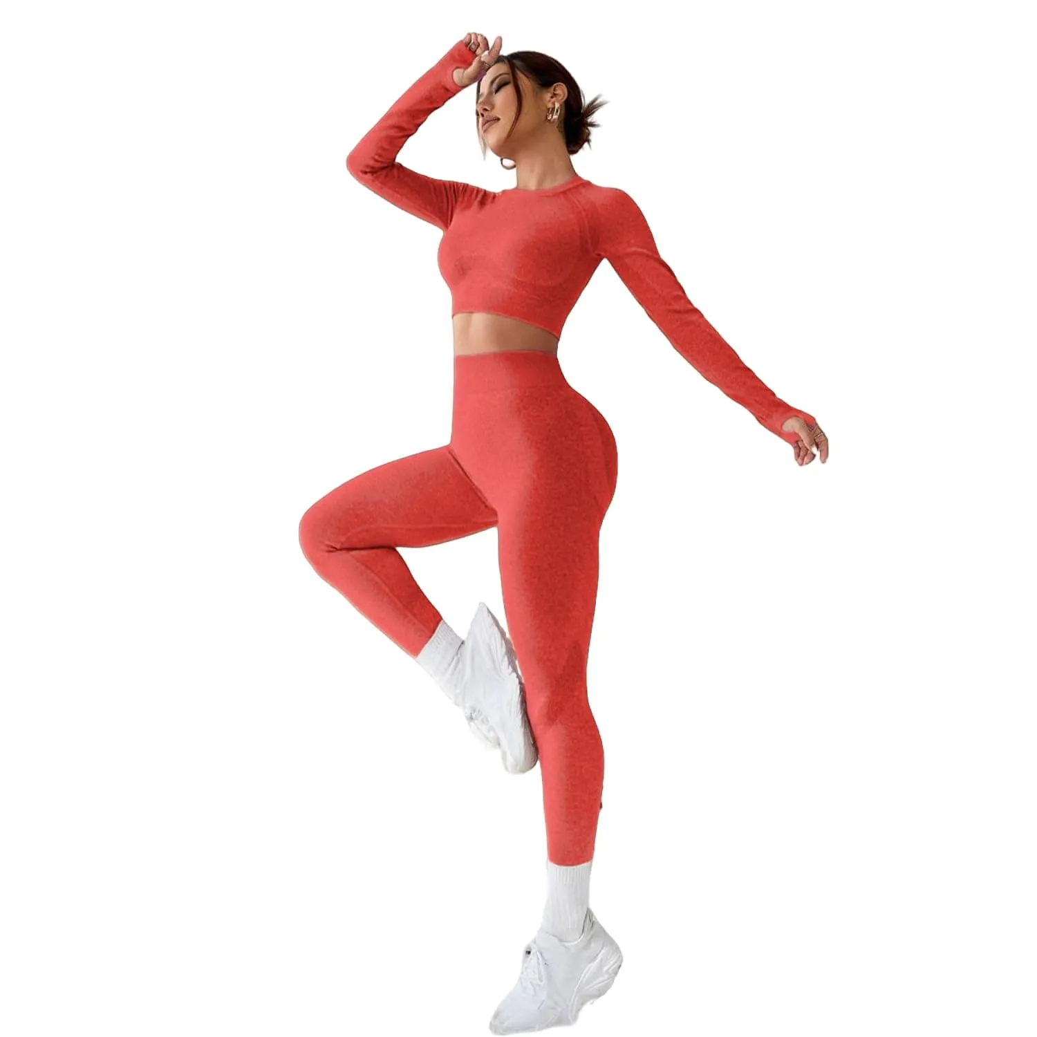 LIGHT DOT Women's Workout Outfits 2 Pieces Yoga Suits Long Sleeve Crop Top High Waist Sport Leggings Active Gym Set (Red)