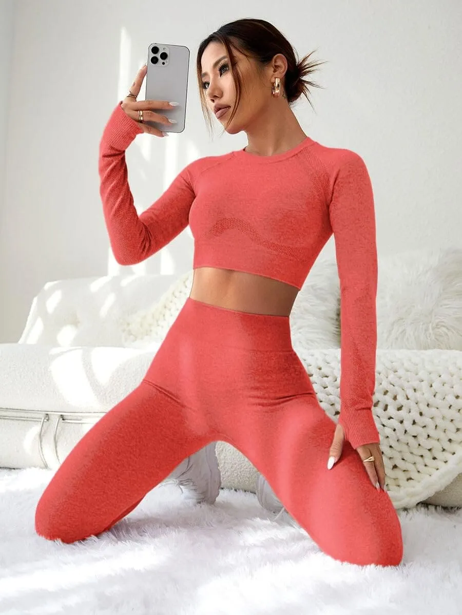 LIGHT DOT Women's Workout Outfits 2 Pieces Yoga Suits Long Sleeve Crop Top High Waist Sport Leggings Active Gym Set (Red)