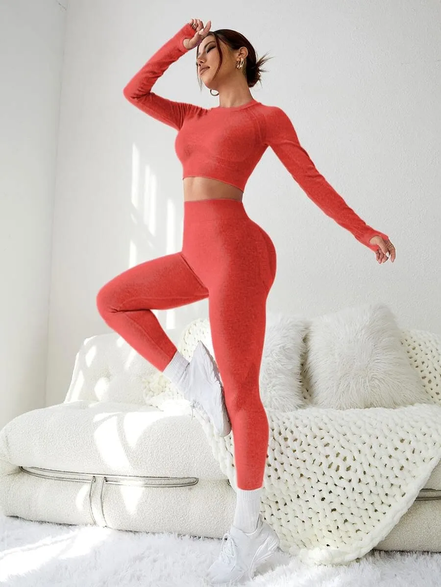 LIGHT DOT Women's Workout Outfits 2 Pieces Yoga Suits Long Sleeve Crop Top High Waist Sport Leggings Active Gym Set (Red)