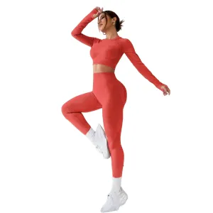 LIGHT DOT Women's Workout Outfits 2 Pieces Yoga Suits Long Sleeve Crop Top High Waist Sport Leggings Active Gym Set (Red)
