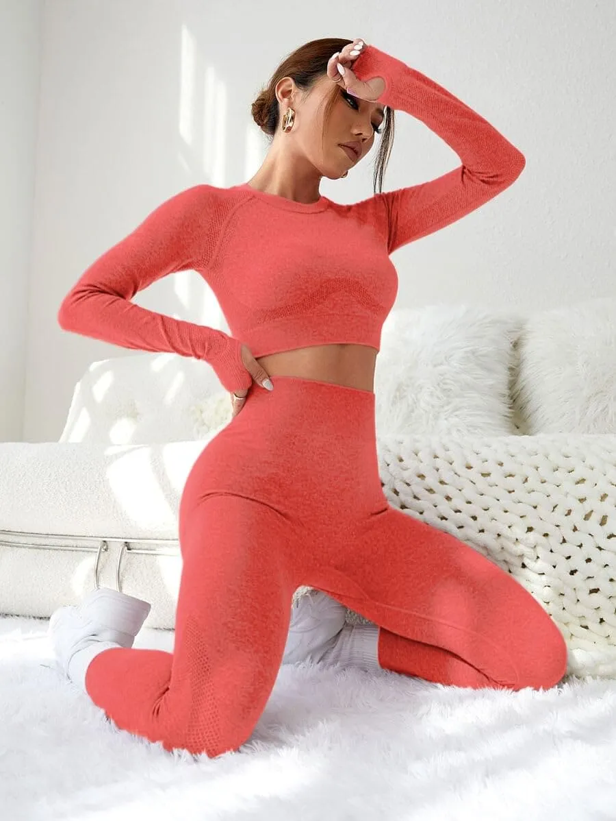 LIGHT DOT Women's Workout Outfits 2 Pieces Yoga Suits Long Sleeve Crop Top High Waist Sport Leggings Active Gym Set (Red)