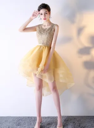 Light Yellow Organza and Lace High Low Party Dress, Short Cute Prom Dress Homecoming Dress