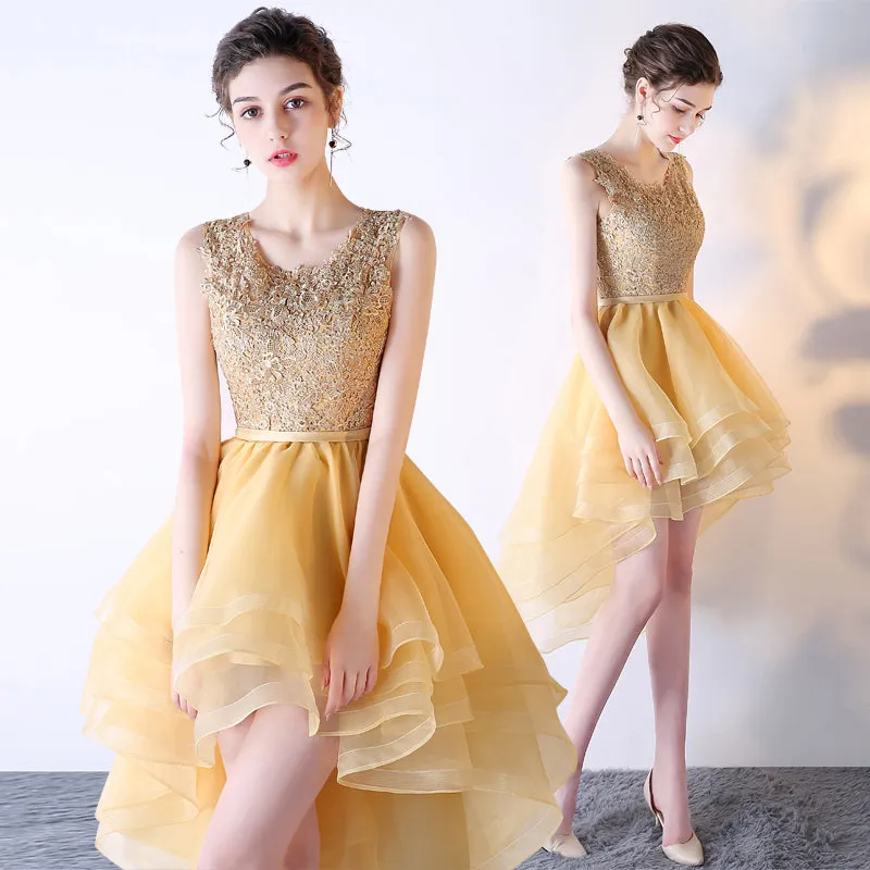 Light Yellow Organza and Lace High Low Party Dress, Short Cute Prom Dress Homecoming Dress