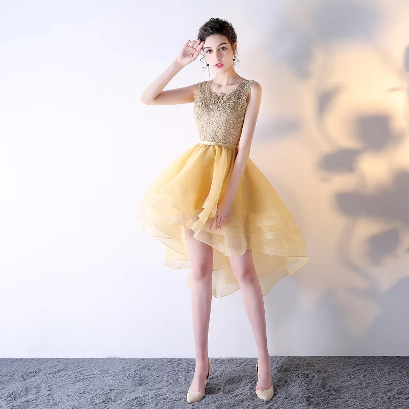 Light Yellow Organza and Lace High Low Party Dress, Short Cute Prom Dress Homecoming Dress