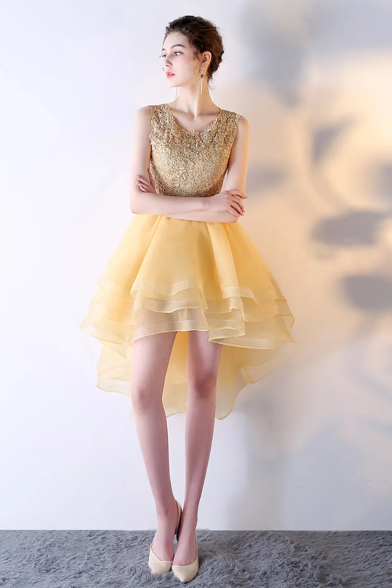 Light Yellow Organza and Lace High Low Party Dress, Short Cute Prom Dress Homecoming Dress