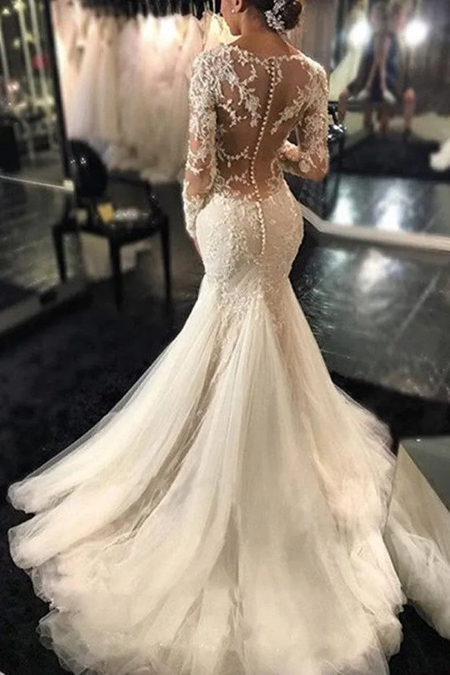 Long Sleeve Lace Sexy See Through Wedding Gowns,Elegant Bridal Dresses,SVD518