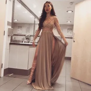 Long Sleeves Sparkly Stunning High Neck Modest Prom Dresses, PD0488
