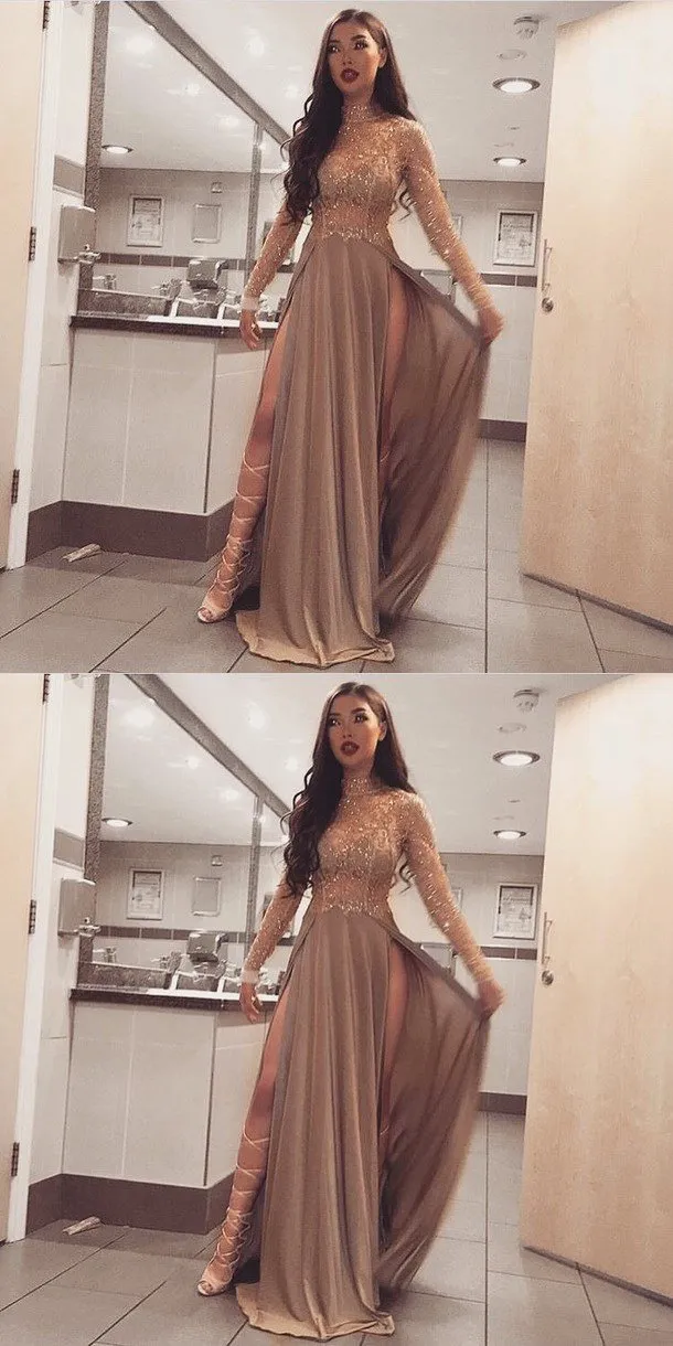 Long Sleeves Sparkly Stunning High Neck Modest Prom Dresses, PD0488