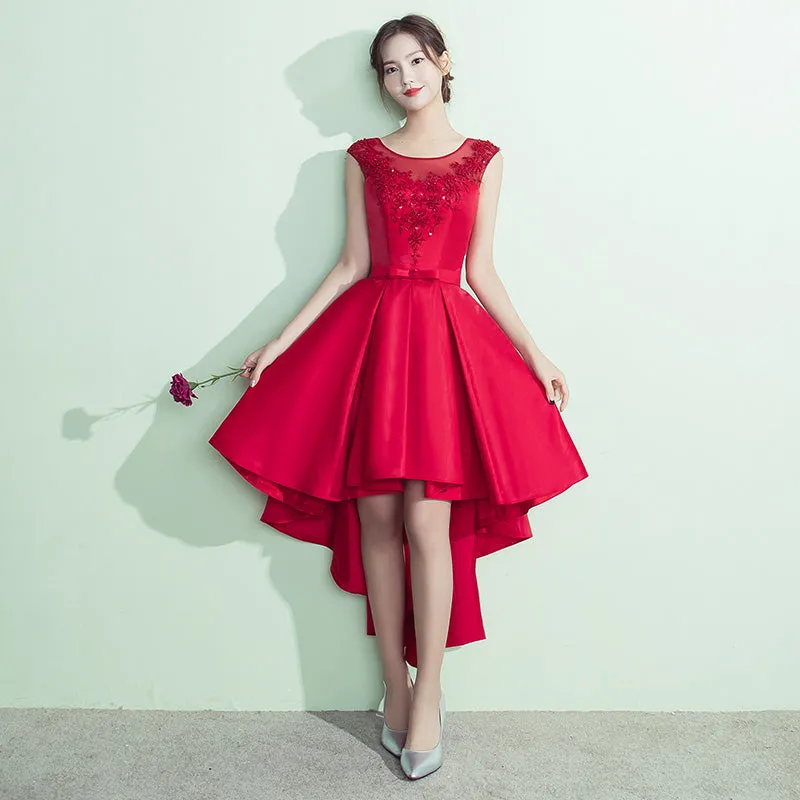 Lovely Satin High Low Round Neckline Party Dress, Red Homecoming Dress