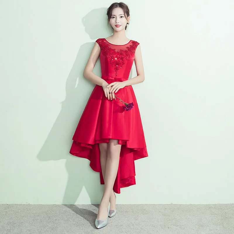Lovely Satin High Low Round Neckline Party Dress, Red Homecoming Dress