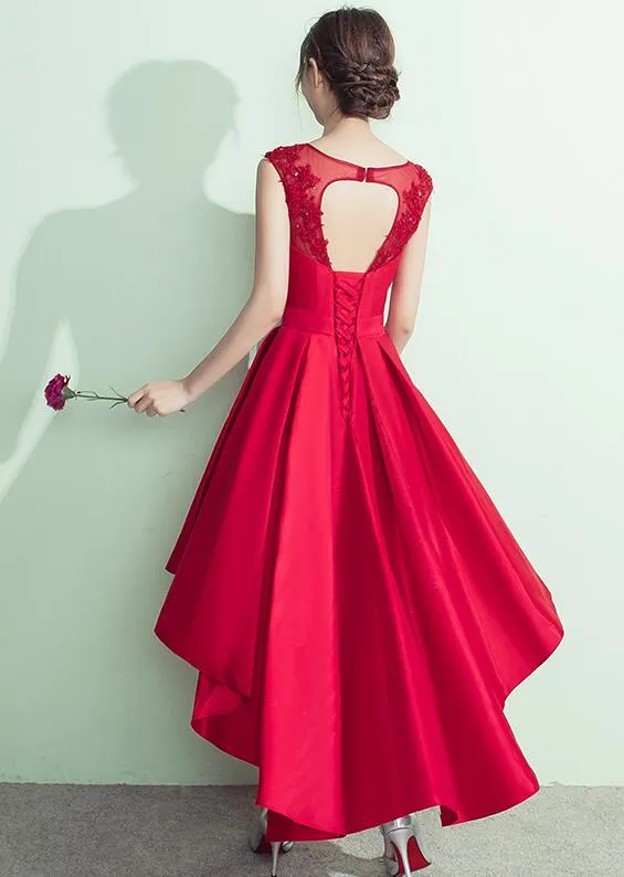 Lovely Satin High Low Round Neckline Party Dress, Red Homecoming Dress