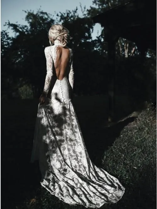 Mermaid High Neck Backless Long Sleeves Boho Lace Wedding Dress TN147