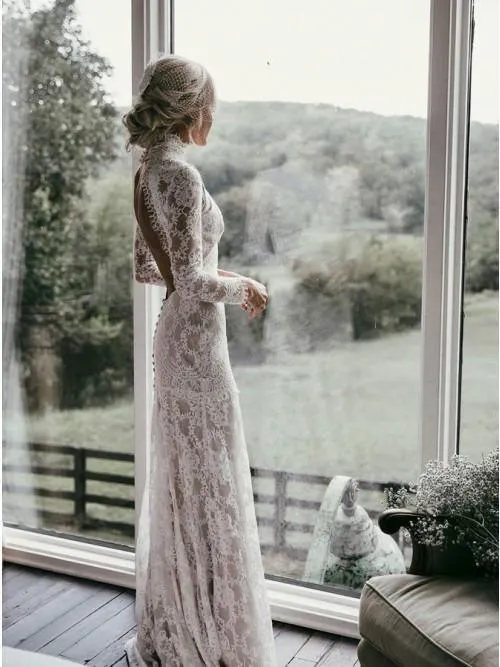 Mermaid High Neck Backless Long Sleeves Boho Lace Wedding Dress TN147