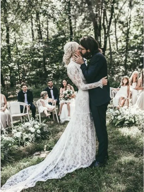 Mermaid High Neck Backless Long Sleeves Boho Lace Wedding Dress TN147