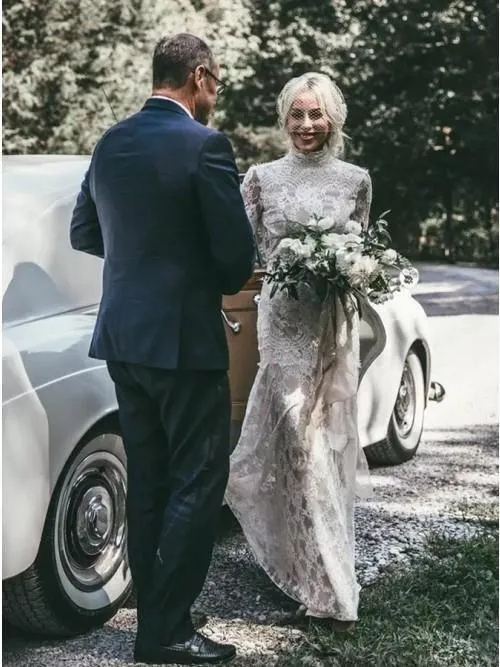 Mermaid High Neck Backless Long Sleeves Boho Lace Wedding Dress TN147